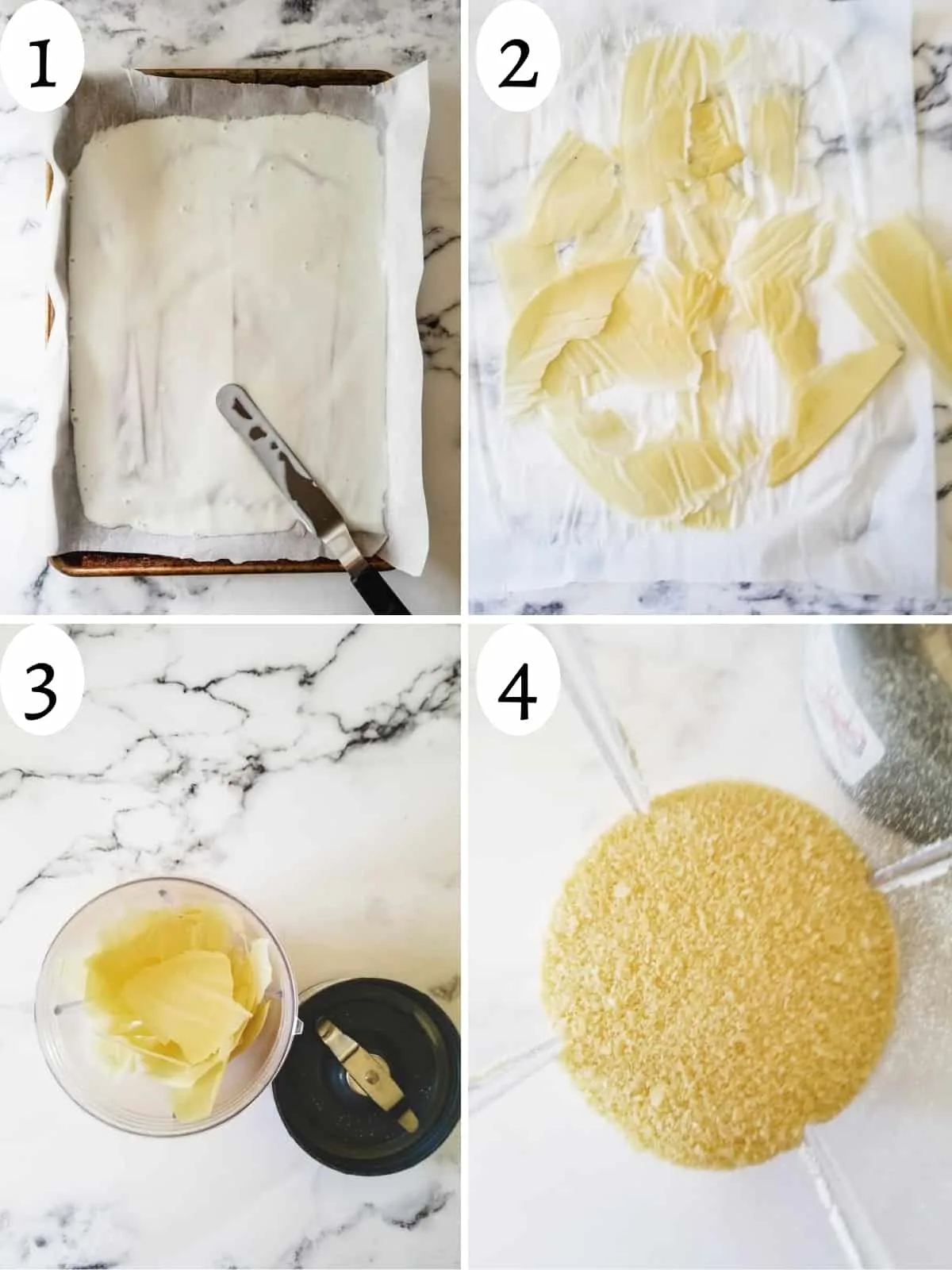 4 step instructional graphic on how to dry buttermilk into powder