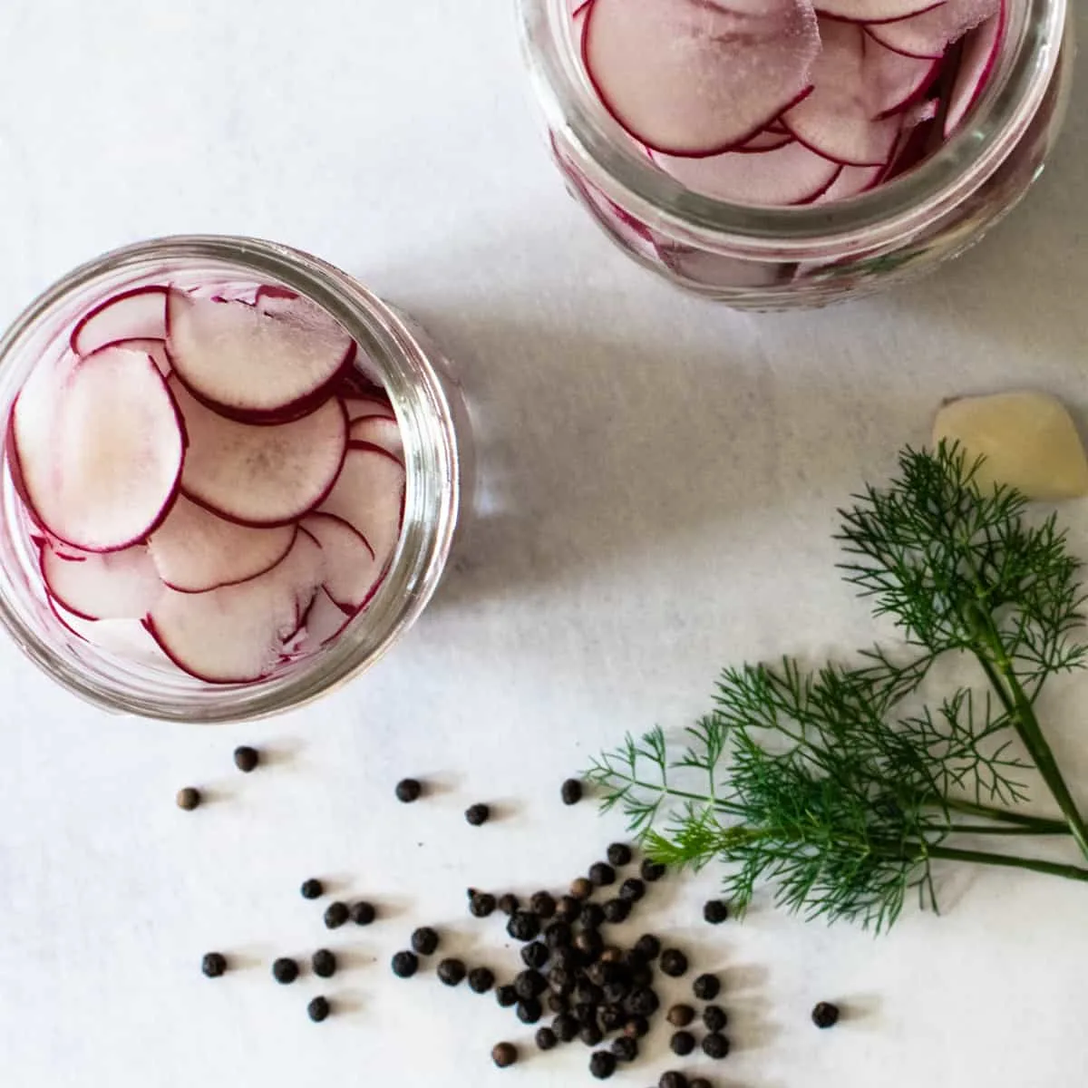 mason jars of thinly sliced radishes for pickling next to optional herbs and spices