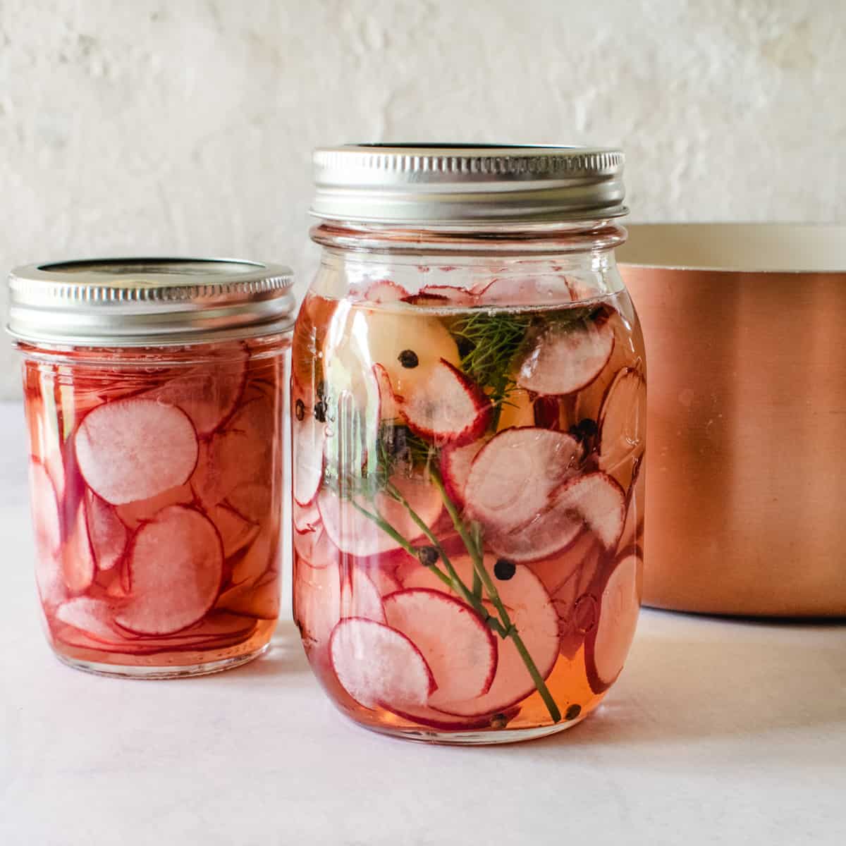 lids on mason jars of sliced radishes and brine