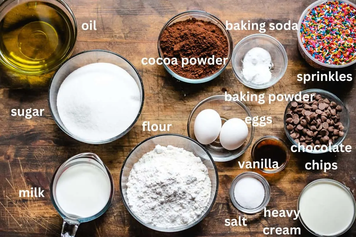 Flour, cocoa powder, sprinkles, sugar, eggs, baking powder, baking soda, oil, milk, chocolate chips, vanilla, and salt.