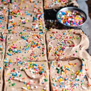 Chocolate sheet cake decorated with colorful sprinkles.