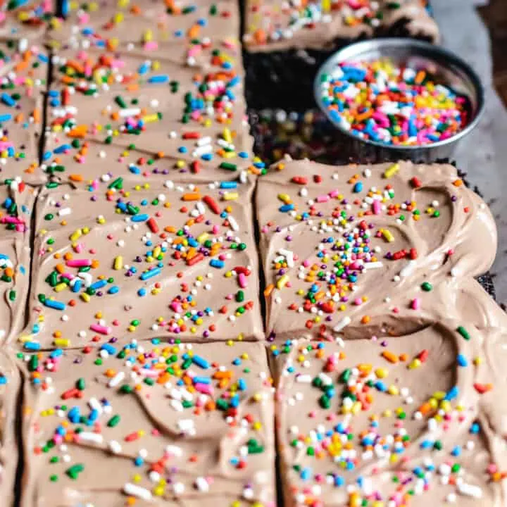 Chocolate sheet cake decorated with colorful sprinkles.