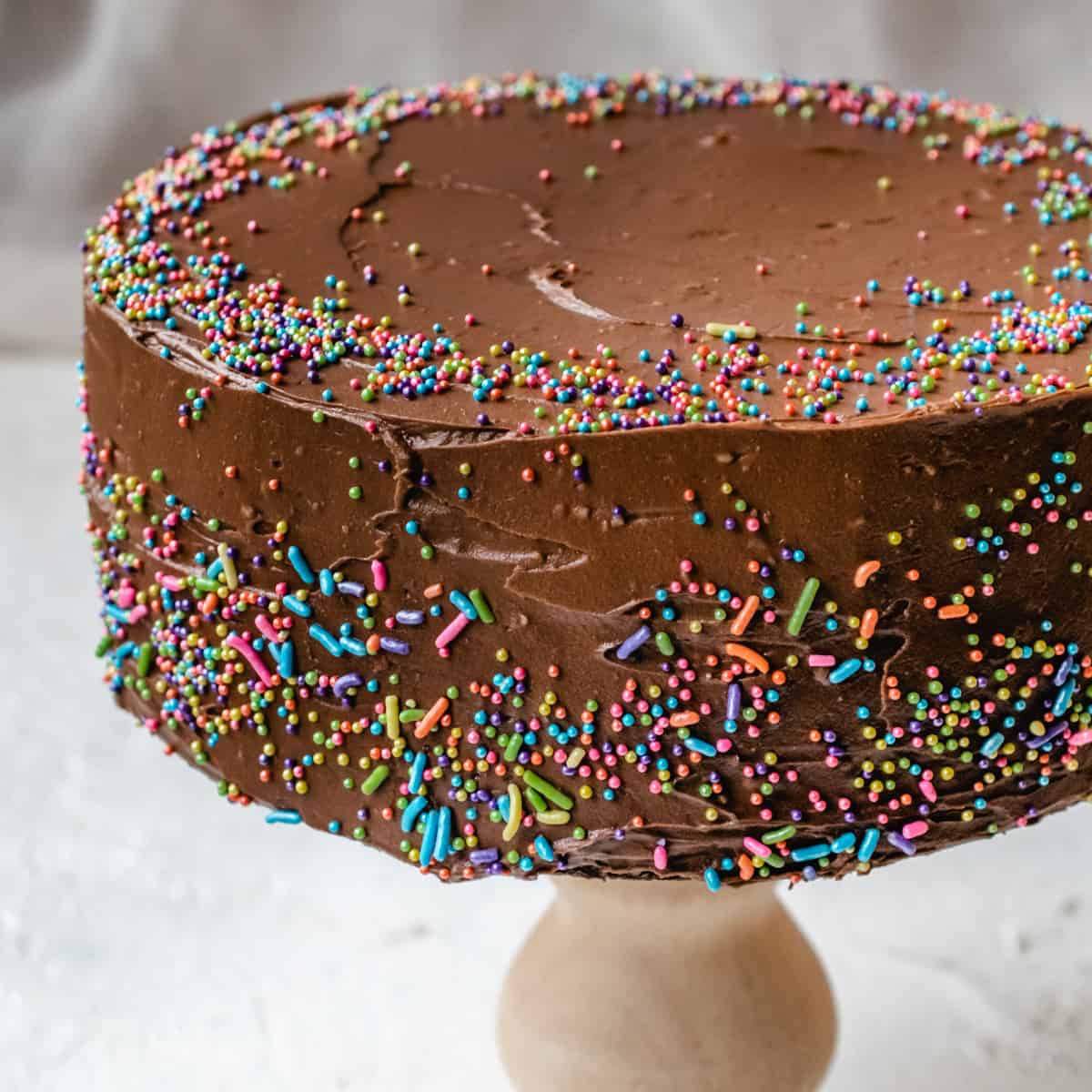 A round, layered chocolate cake with sprinkles on a wooden cake stand.