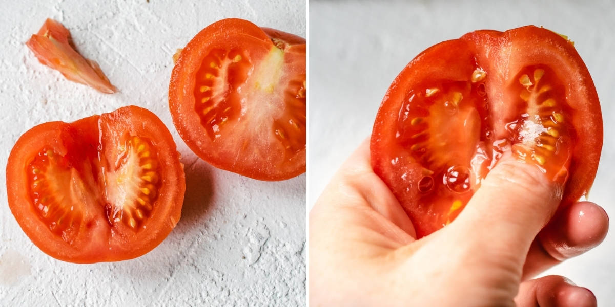 Triangular shape cut out of tomato half; pushing seeds out with thumb.