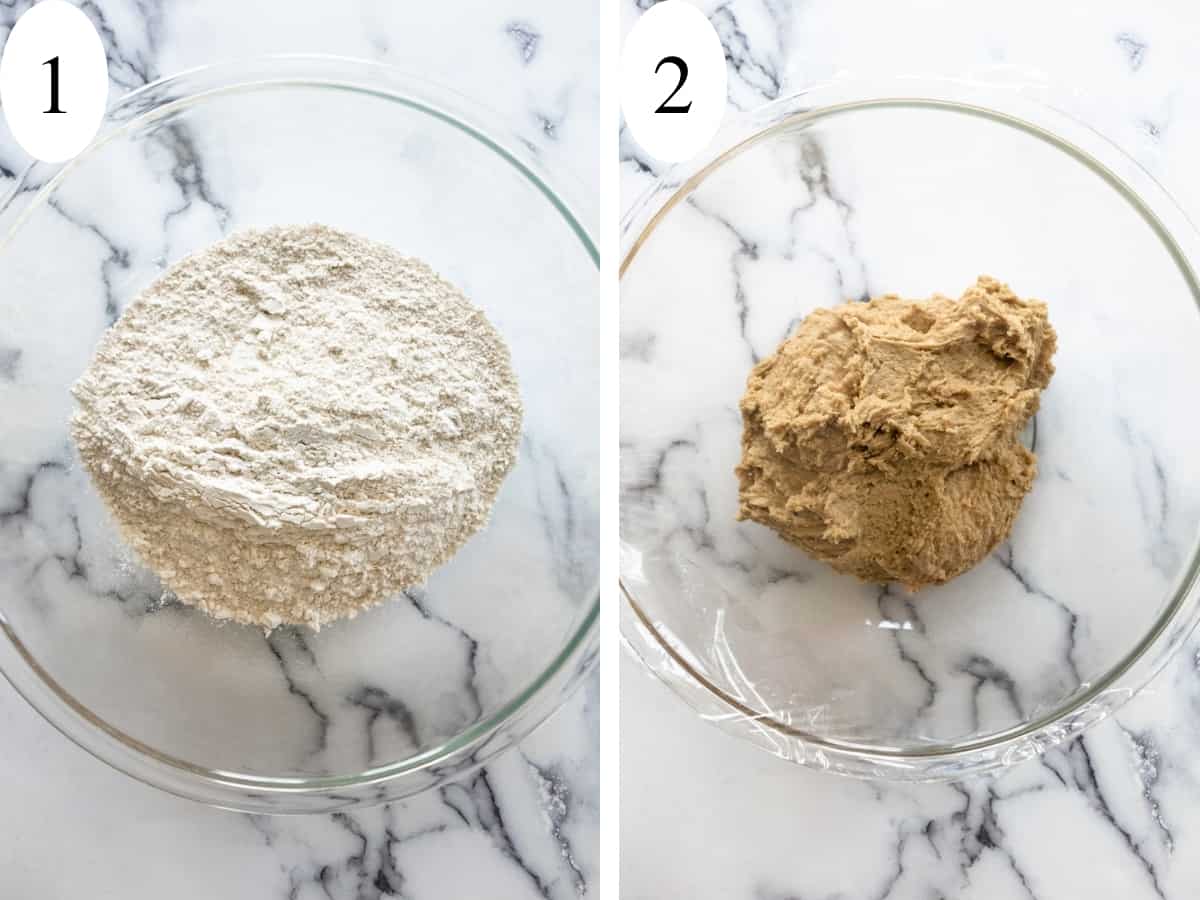 A bowl of mixed flours and a bowl of tan sticky dough for steps 1 and 2.