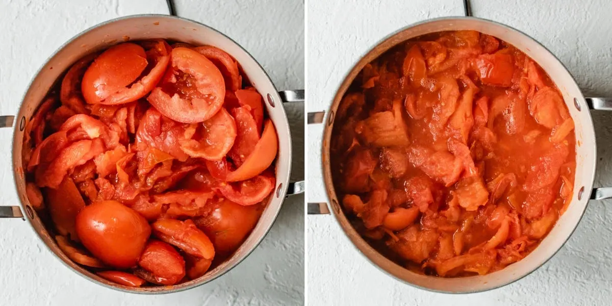 Tomatoes in a pot softened until skins are falling off. 
