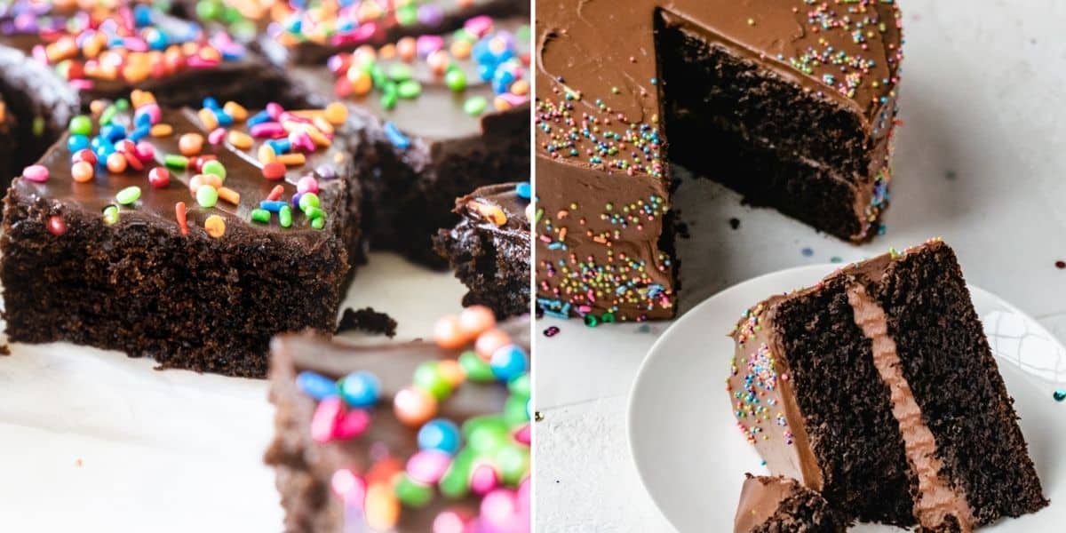 Chocolate cake with sprinkles cut into slices topped with chocolate ganache icing and frosting.
