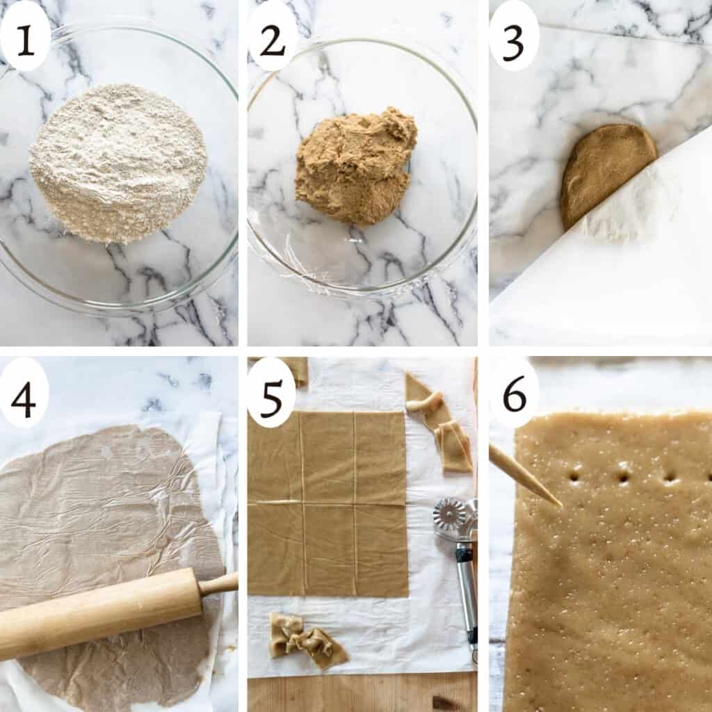 six step visual instruction grid showing how to make graham cracker dough and shape