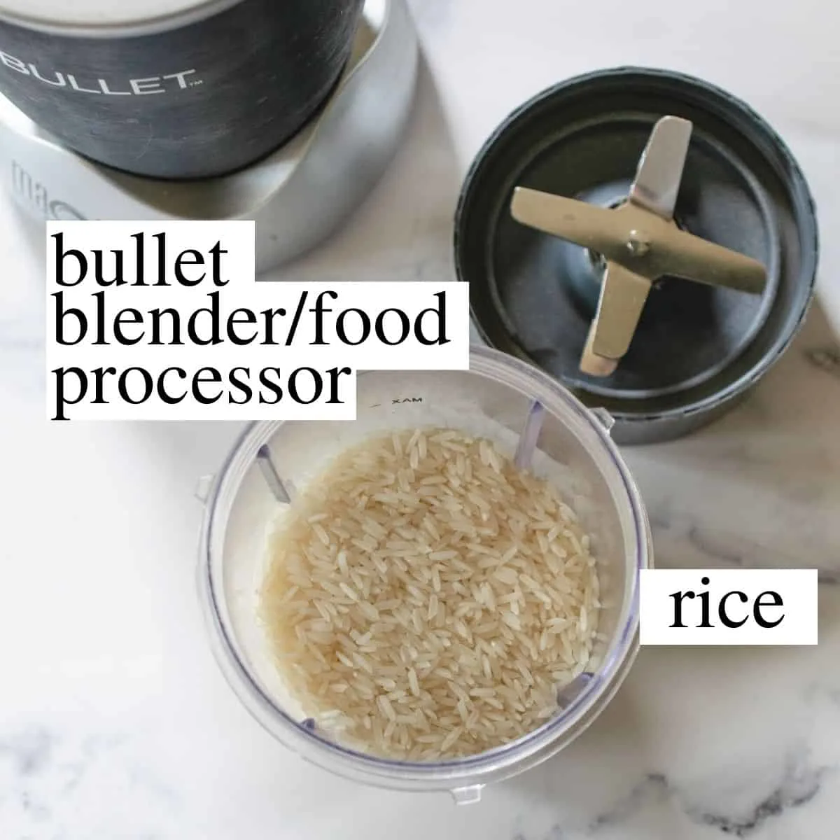 Labeled photo of a bullet blender and white rice.