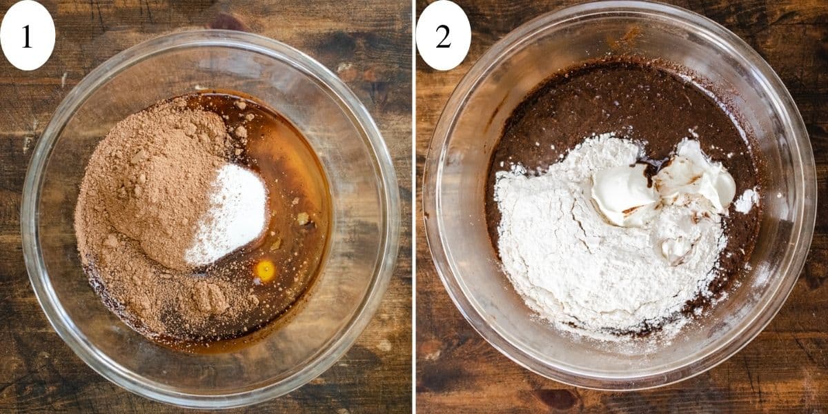 Two photos showing the mixing of the cake batter ingredients.