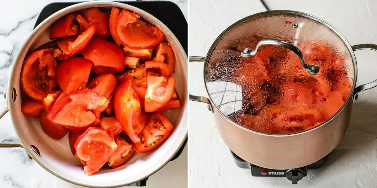 Cut, cored and seeded tomatoes in a pot with a lid on it. 