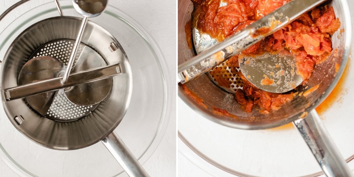 Passing tomato pulp through a stainless steel food mill. 