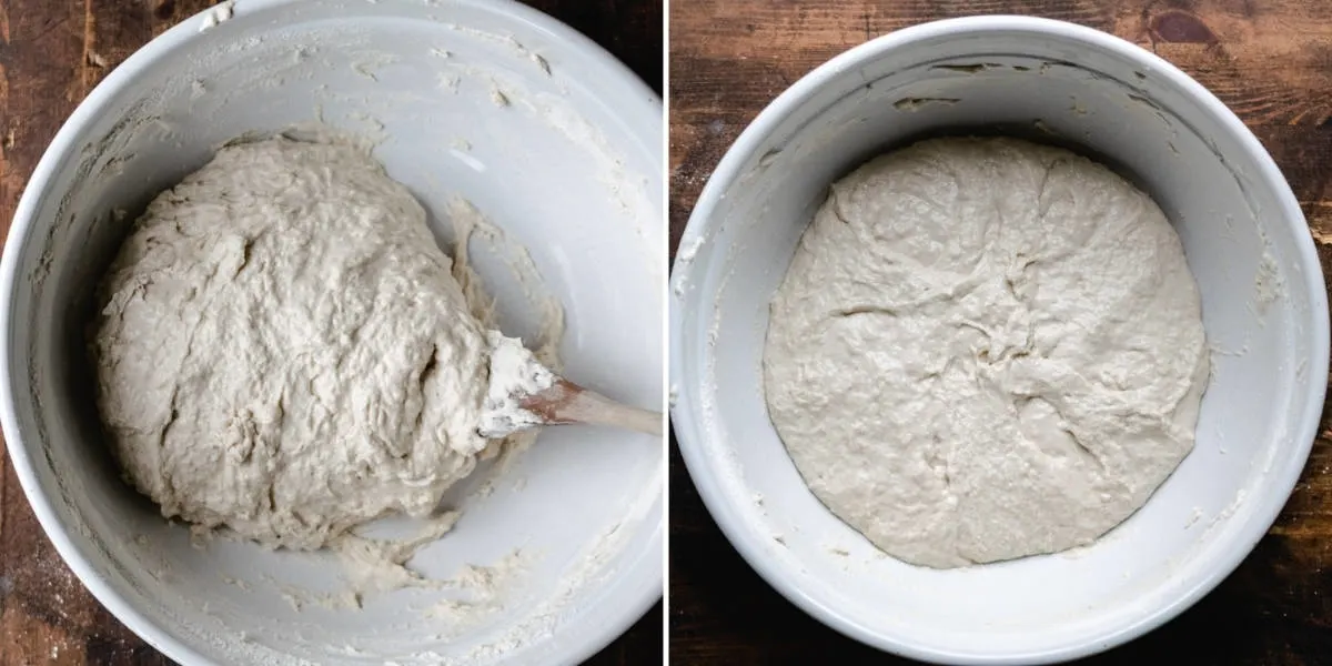 Combining no knead dough with a wooden spoon until the consistency is formed in a bowl.