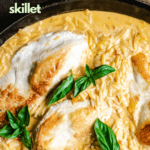 Seared chicken breast in a skillet, on a bed or creamy tomato orzo with fresh basil leaves.