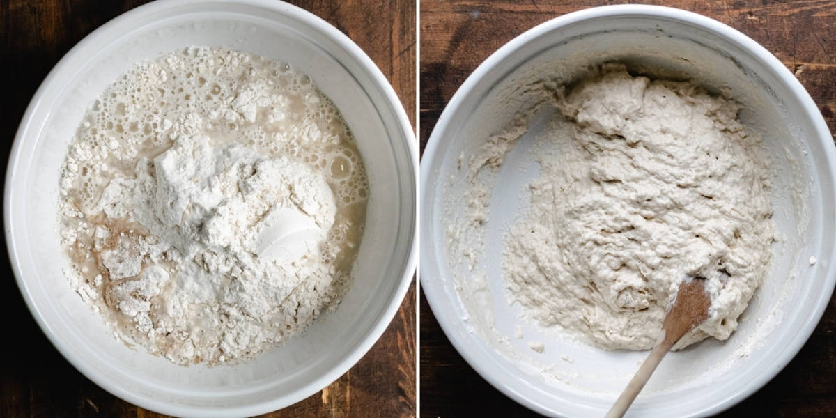 Mixing dough ingredients in a large bowl with a wooden spoon.