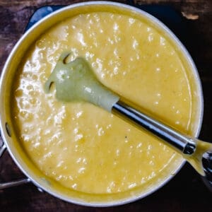 Pot of butternut squash puree with immersion blender.