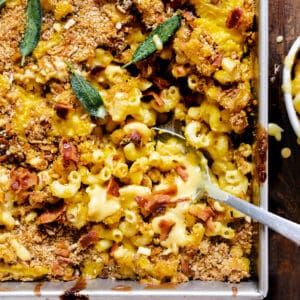 Casserole dish with butternut squash macaroni and cheese spoonful being taken.