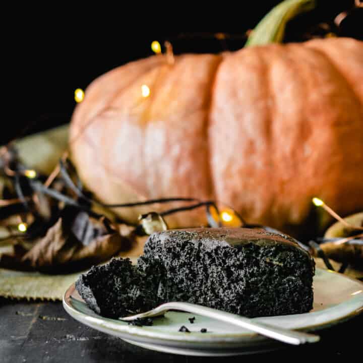 Piece of black chocolate cake with metallic sprinkles in front of pumpkin with lights and Fall leaves.