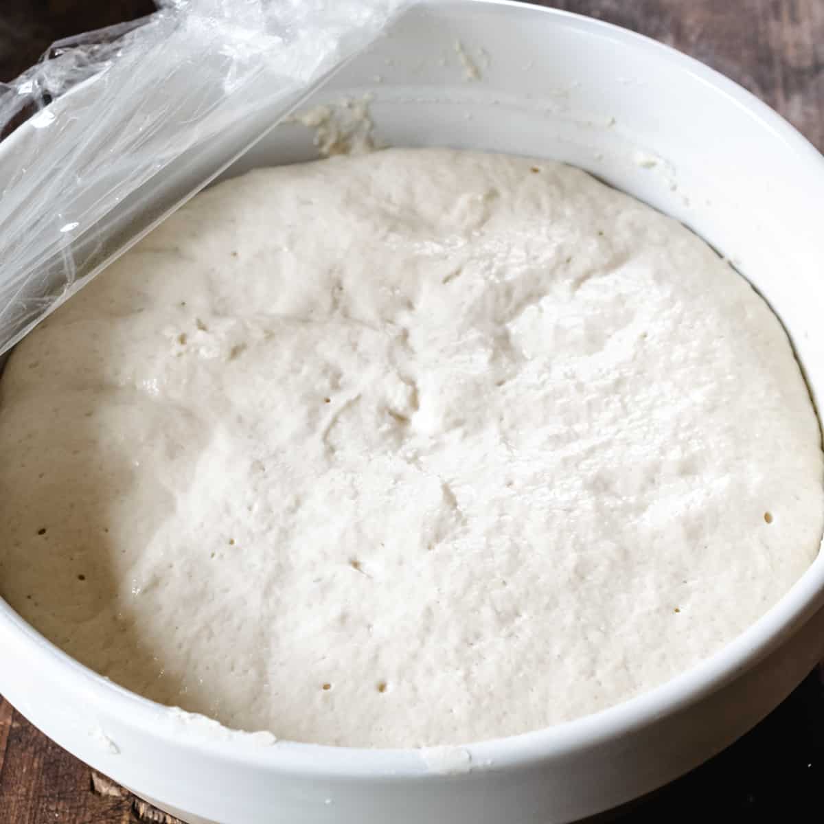 No knead dough in a large bowl doubled in size after rise.