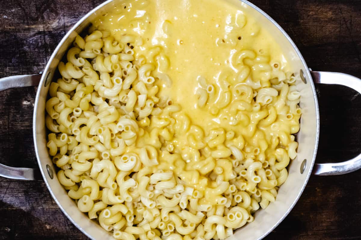 Macaroni pasta in a pot with a cheesy sauce poured on.
