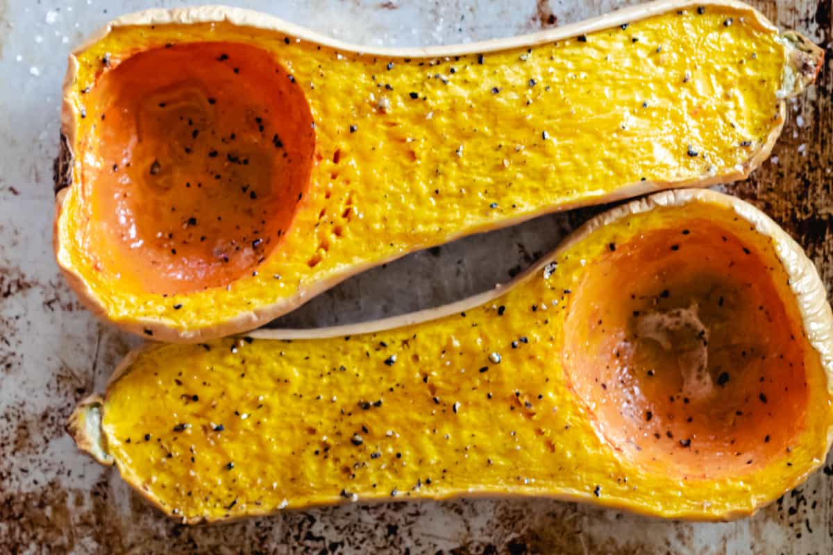 Roasted squash on a baking sheet. 