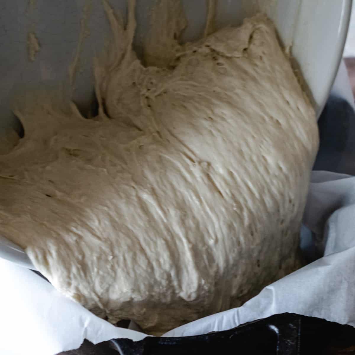Transferring bread dough into a Dutch oven lined with parchment paper.