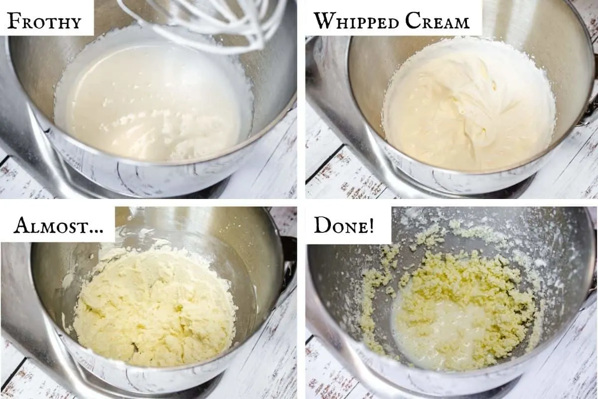 4 photo collage showing the stages of whipping cream into butter.