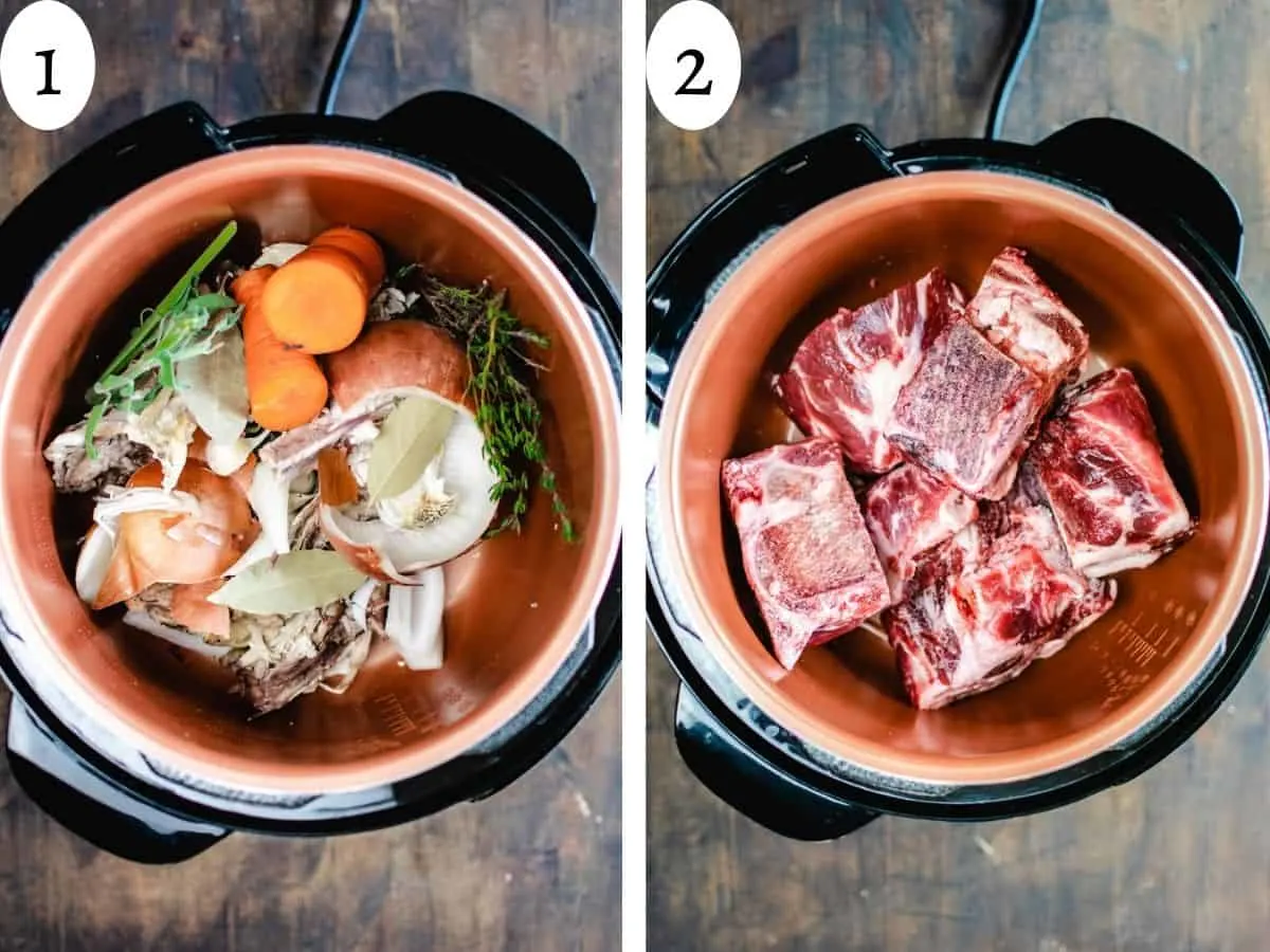 Two photos comparing chicken and beef bones in a pressure cooker.