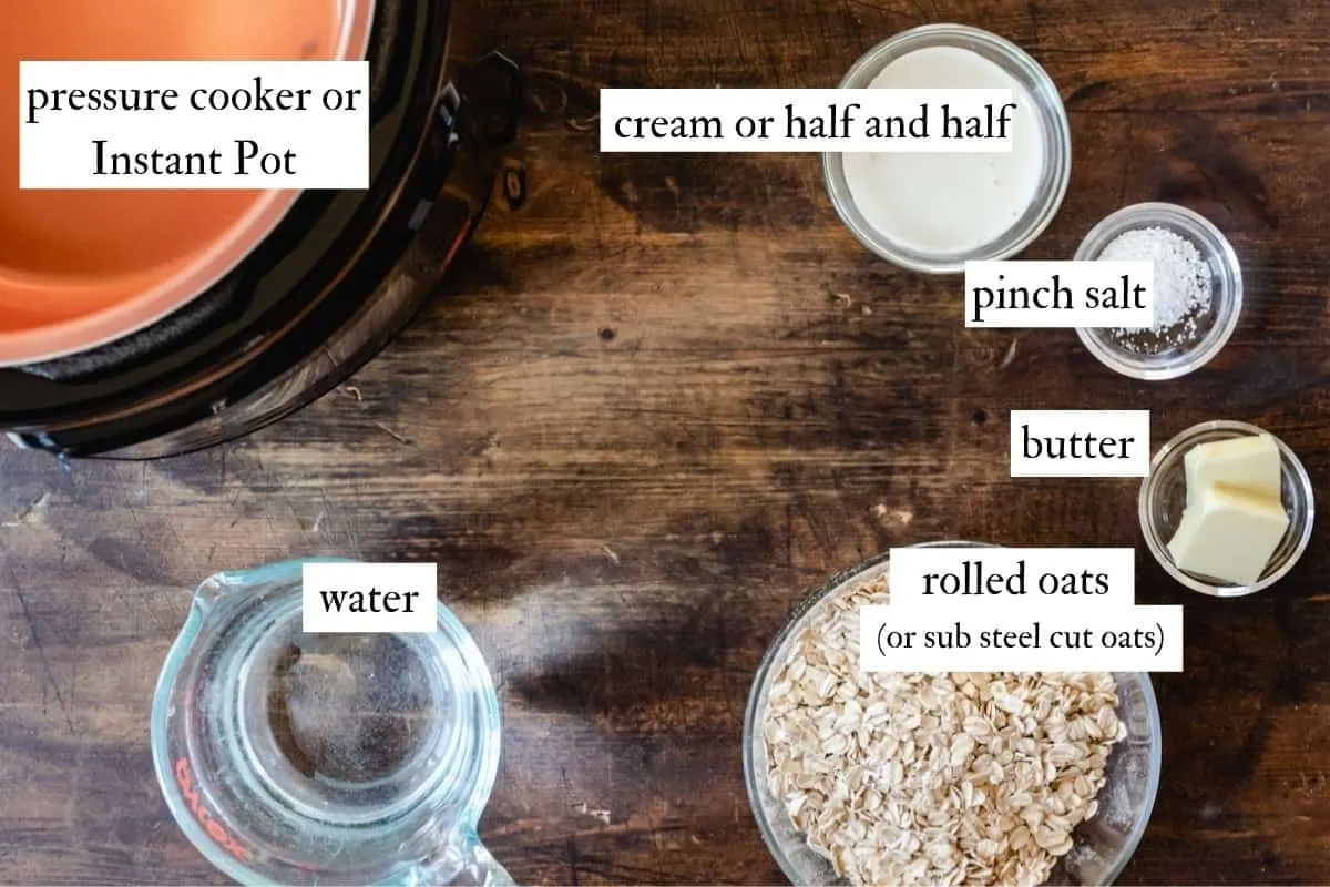 Ingredients needed to make pressure cooker oatmeal with rolled oats. 