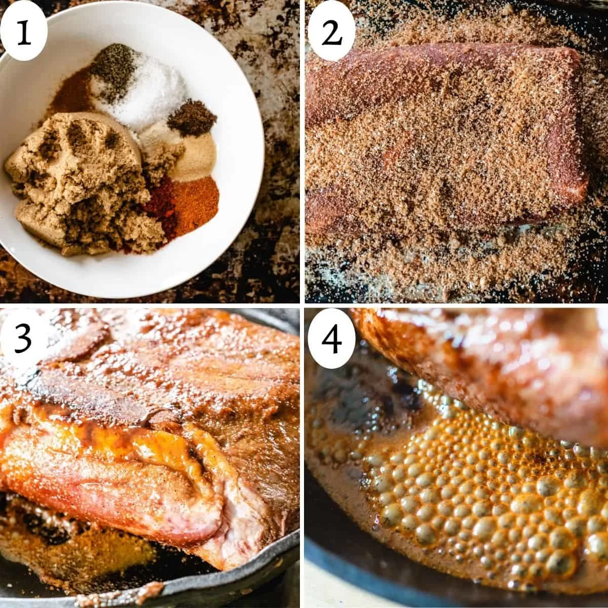 4 numbered images showing the steps to braise the beef.