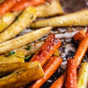 Roasted carrots and parsnips in a balsamic honey glaze.