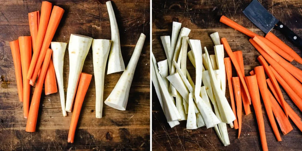 Peeled and carrots and parsnips cut into long sticks.