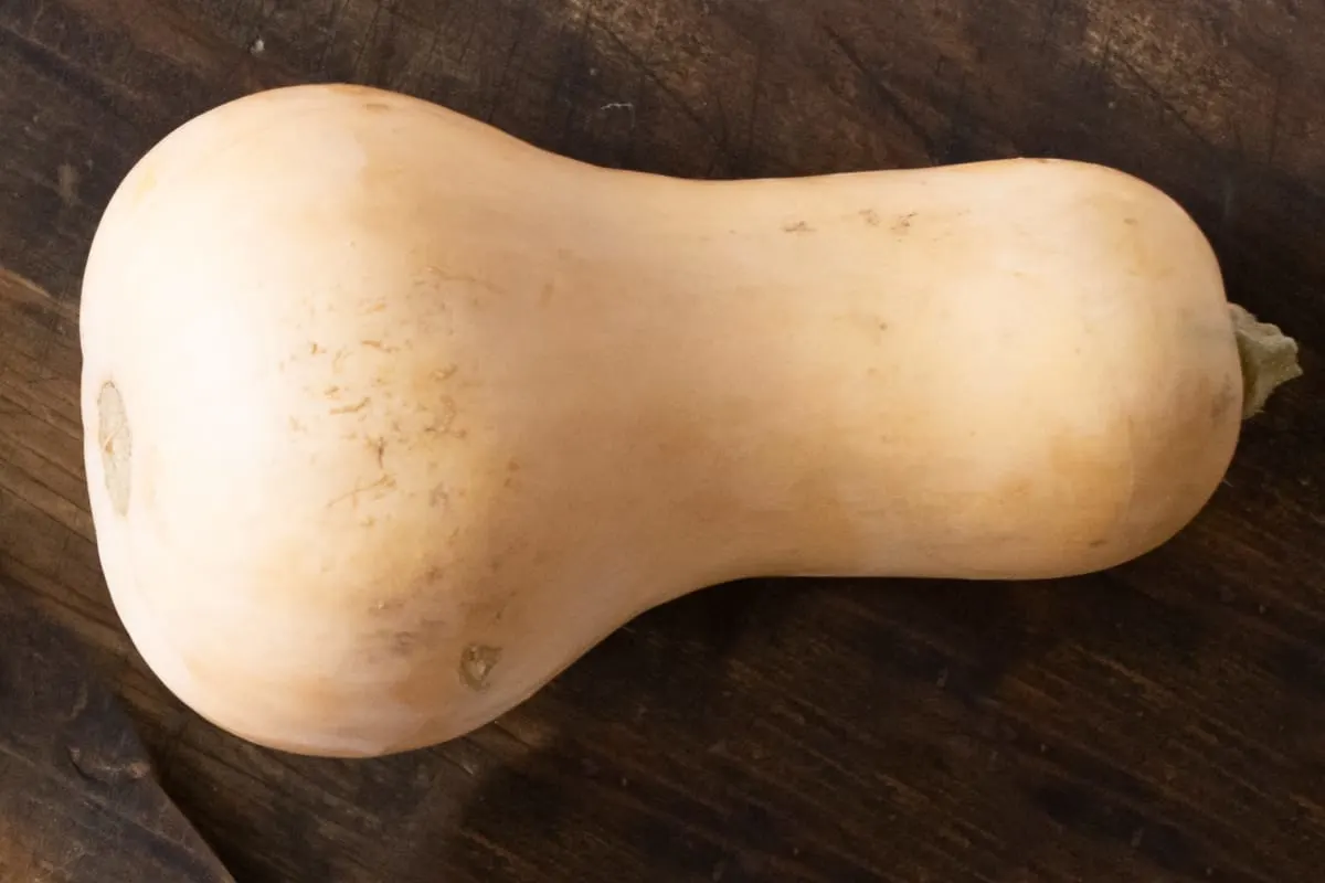 A butternut squash on a wooden surface.