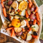 Roasted potatoes, carrots, and parsnips with herbs, garlic and lemon.