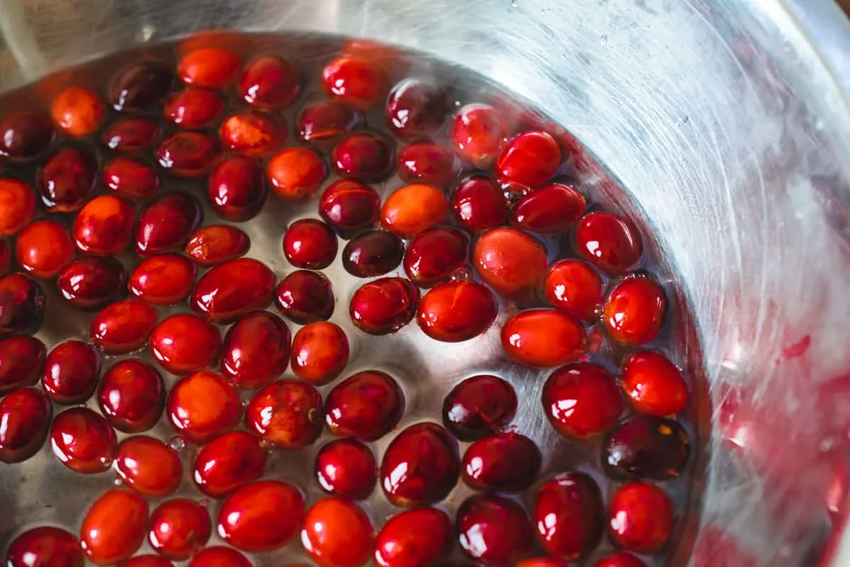 Cranberries with splits in them floating in water in a metal bowl. 