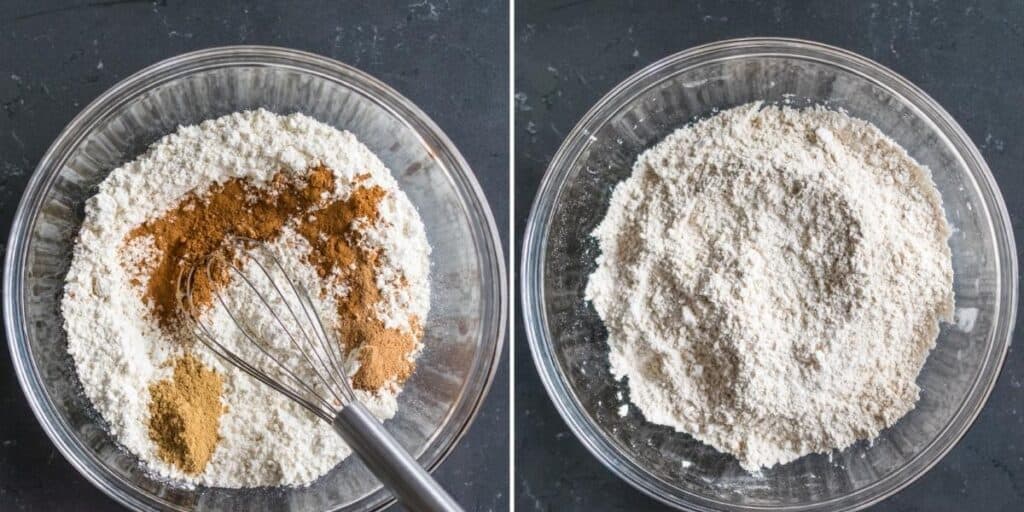 Mixing dry ingredients in recipe until combined in a glass bowl. 
