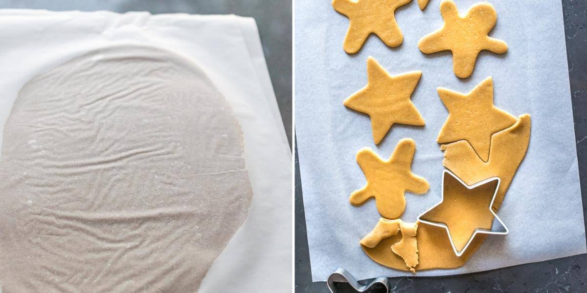 Rolled gingerbread dough cut into shapes.