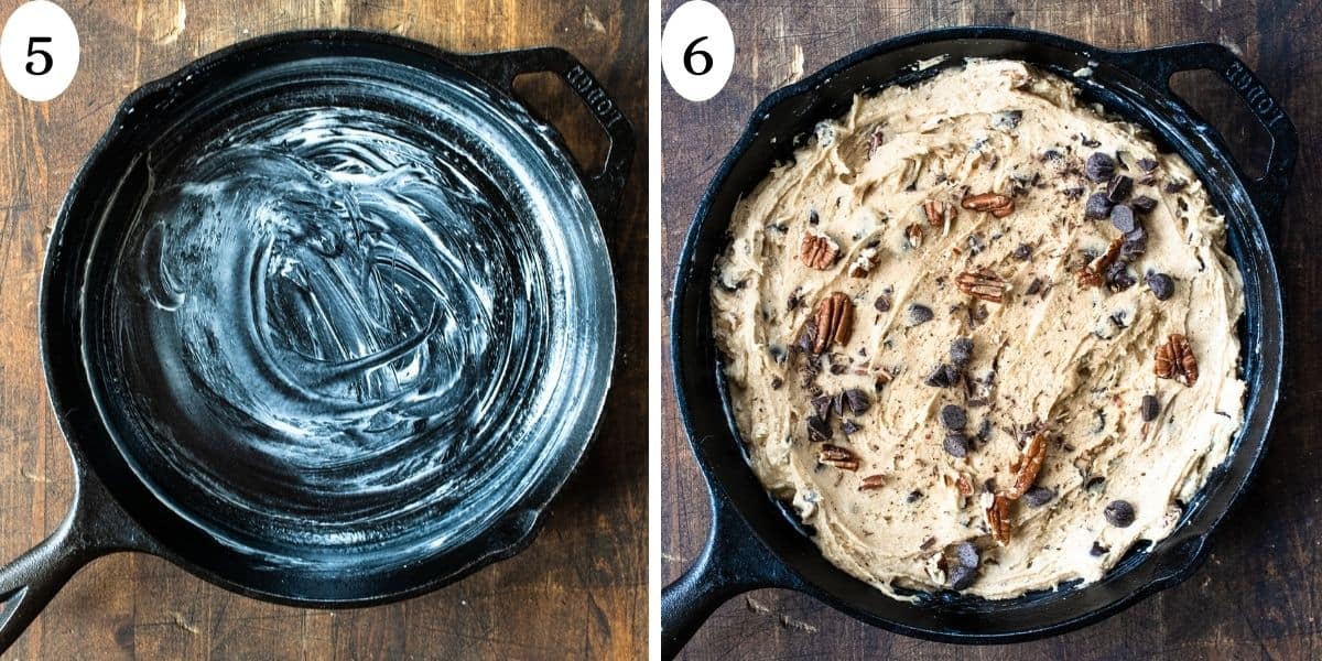 Chocolate chip peanut butter cookie dough spread into a cast iron skillet. 