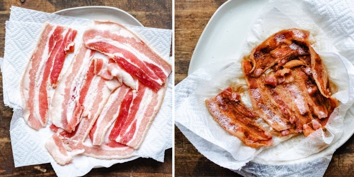 Two photos showing microwaved bacon before and after cooking on a plate.