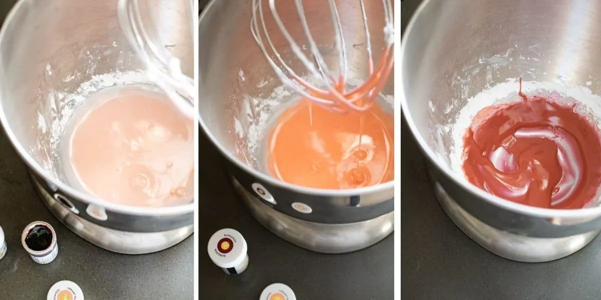 Three images of mixture being colored shades of pink.