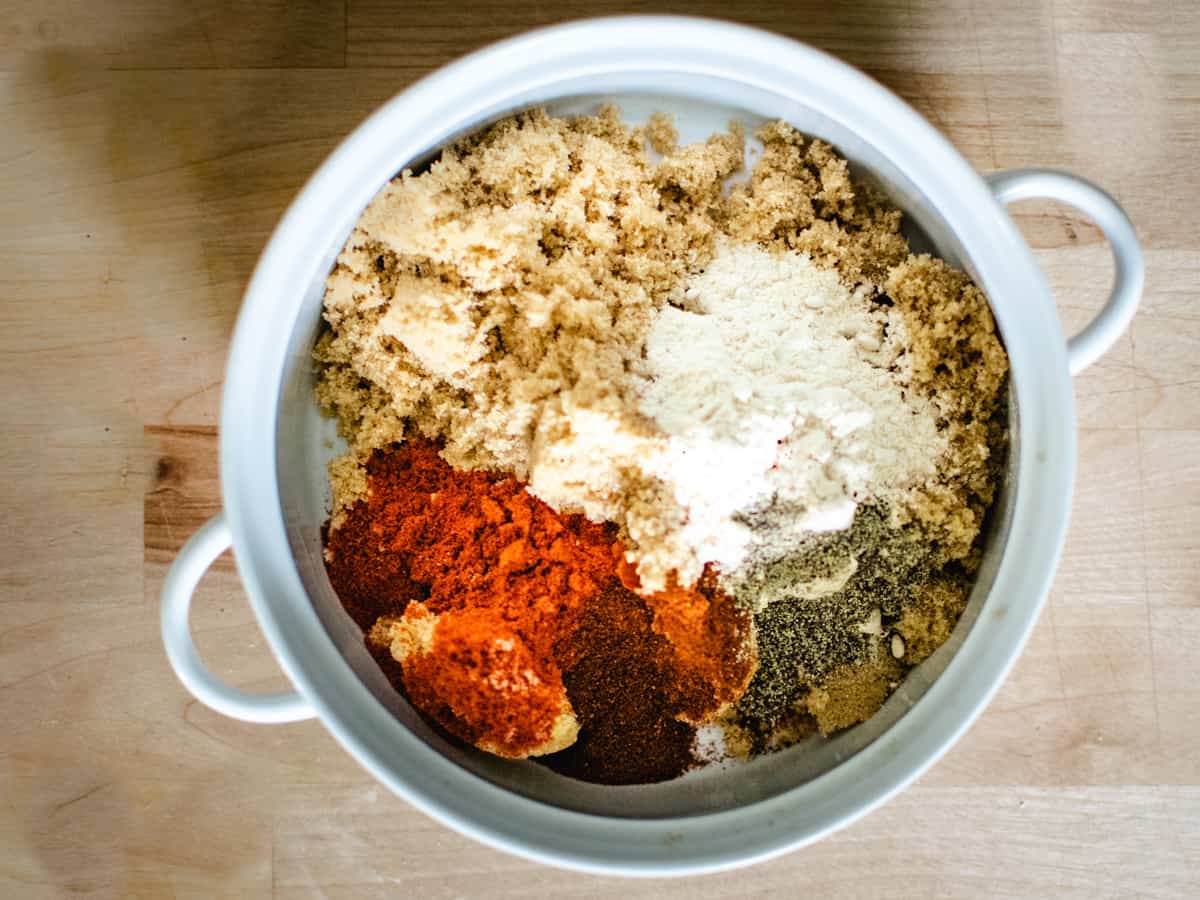 Pulled pork seasoning spices in a mixing bowl.