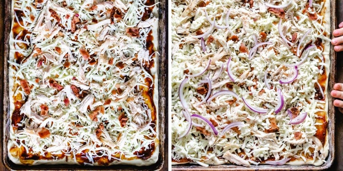 Uncooked BBQ chicken flatbread on a baking sheet.