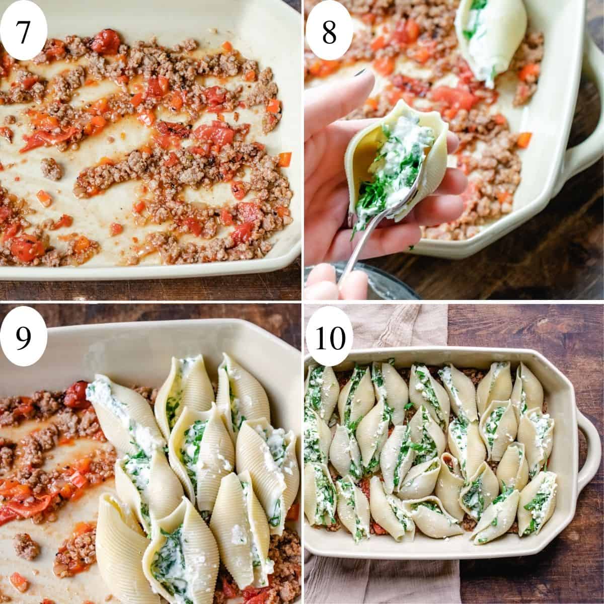 4 numbered images in a collage showing how to stuff pasta shells in a casserole dish.
