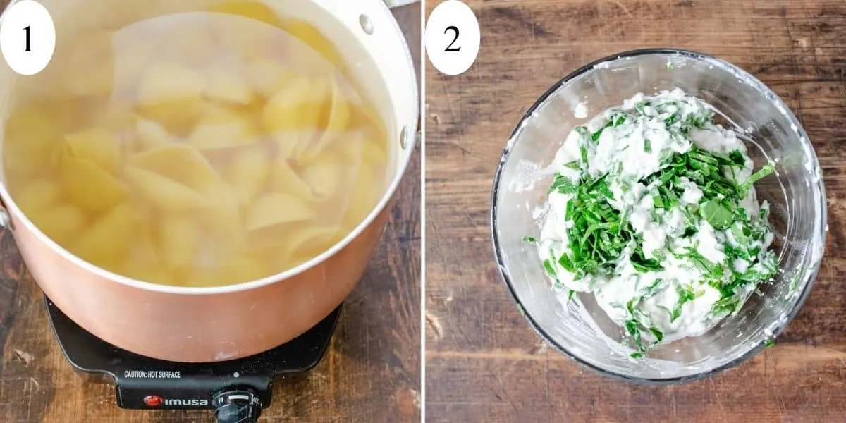 Pasta shells boiling in a pot of water and spinach and ricotta cheese in a bowl.