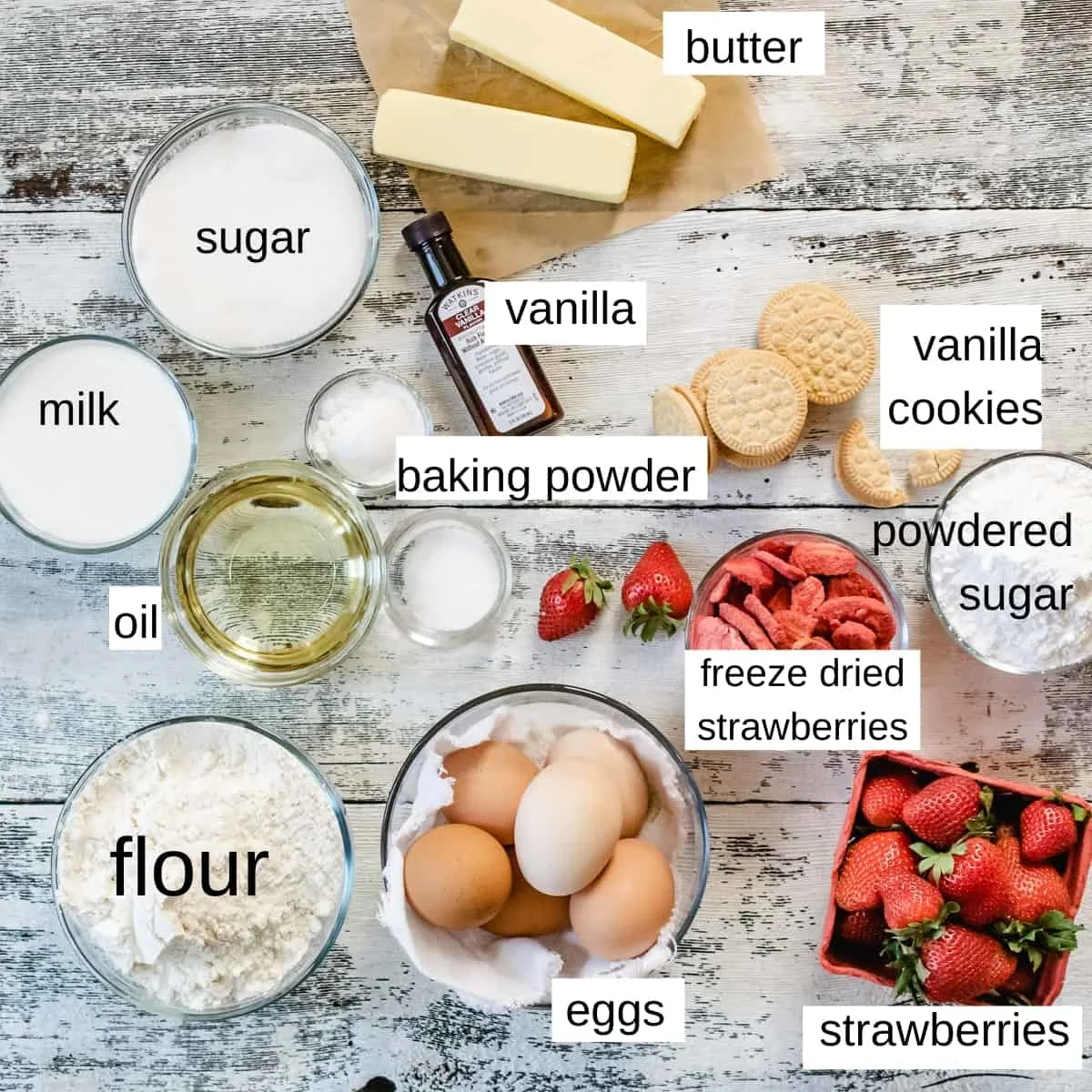 Photo of ingredients needed to make strawberry layer cake.
