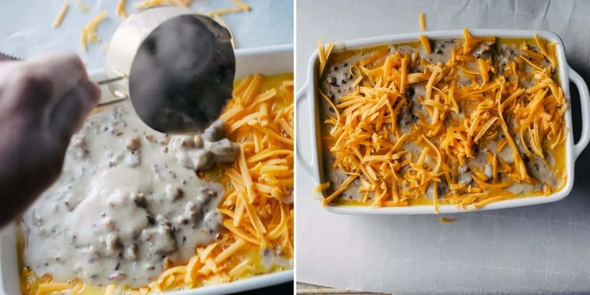 Layers of sausage gravy and cheese over eggs and potatoes in a casserole dish.
