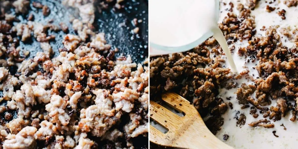 Pouring milk into a skillet of fried sausage.