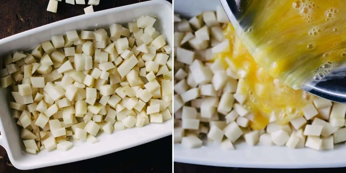 Pouring beaten eggs over diced potatoes in a casserole dish.