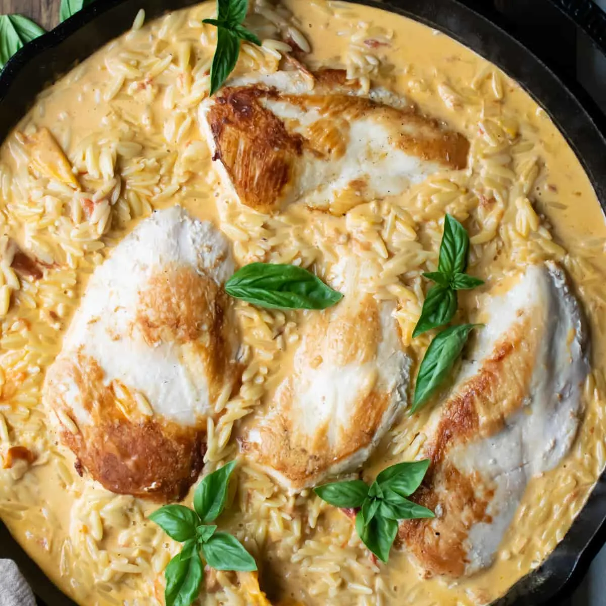 Chicken breasts and orzo in a creamy sauce garnished with fresh basil leaves.