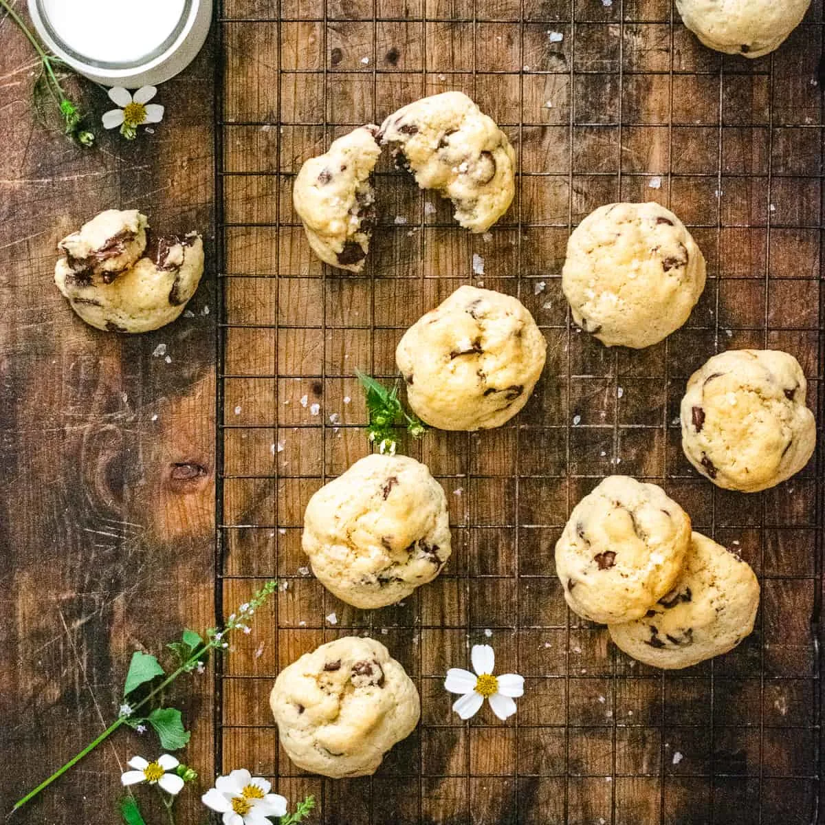 Chocolate chip cookies baked without brown sugar on a baking rack.